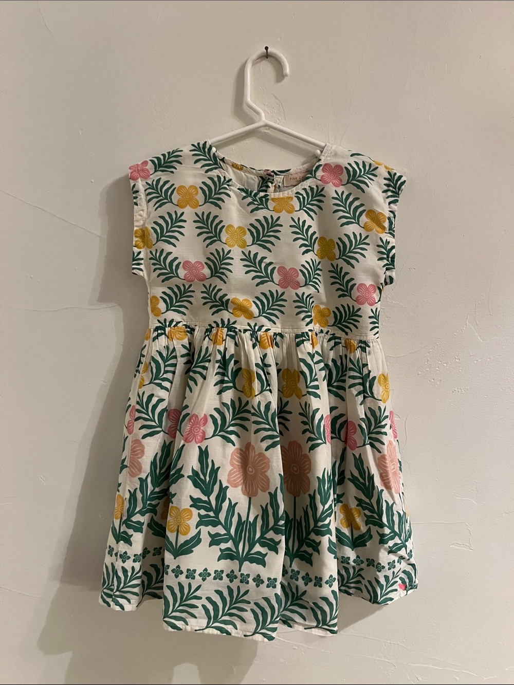 Pink Chicken Girls' Floral Print Cotton Dress - White with Green, Pink & Yellow